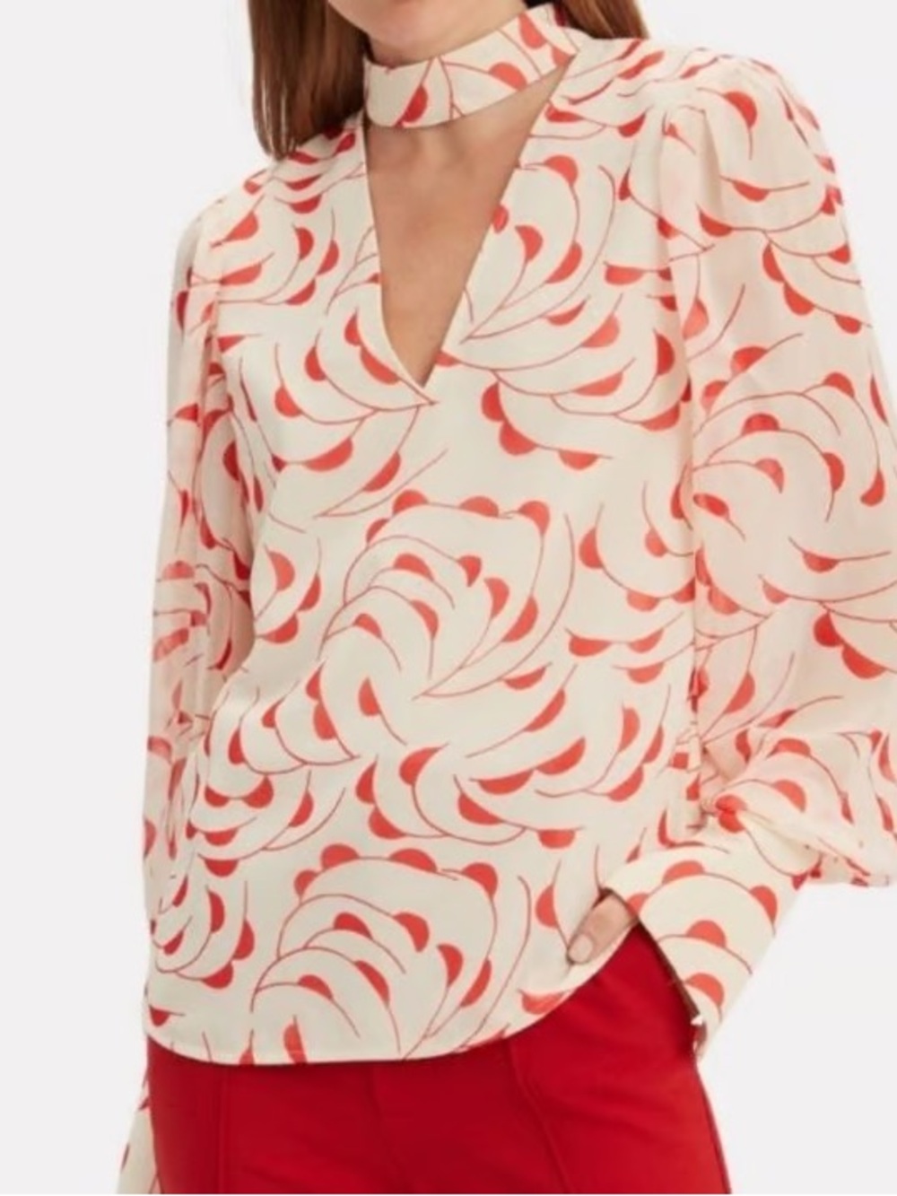 Self  Portrait High neck Cream and Coral Printed V-Neck Blouse w/ Choker size 6